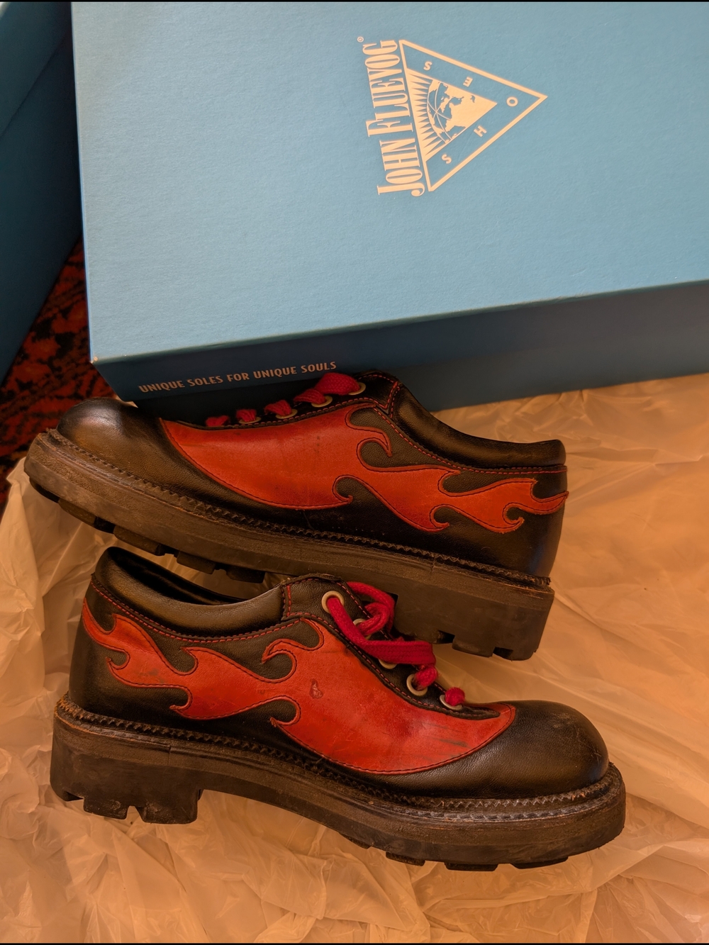 John Fluevog Black and Red Flame Leather Platform Shoes